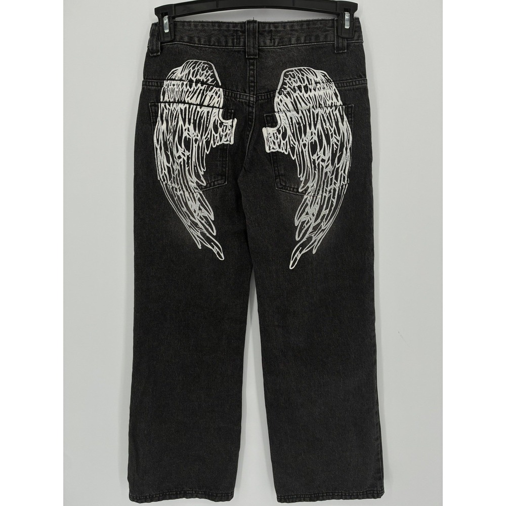 Disclosure Angel Wing Jeans 1/25 Black Wide Leg Y2K Grunge Goth Graphic Denim